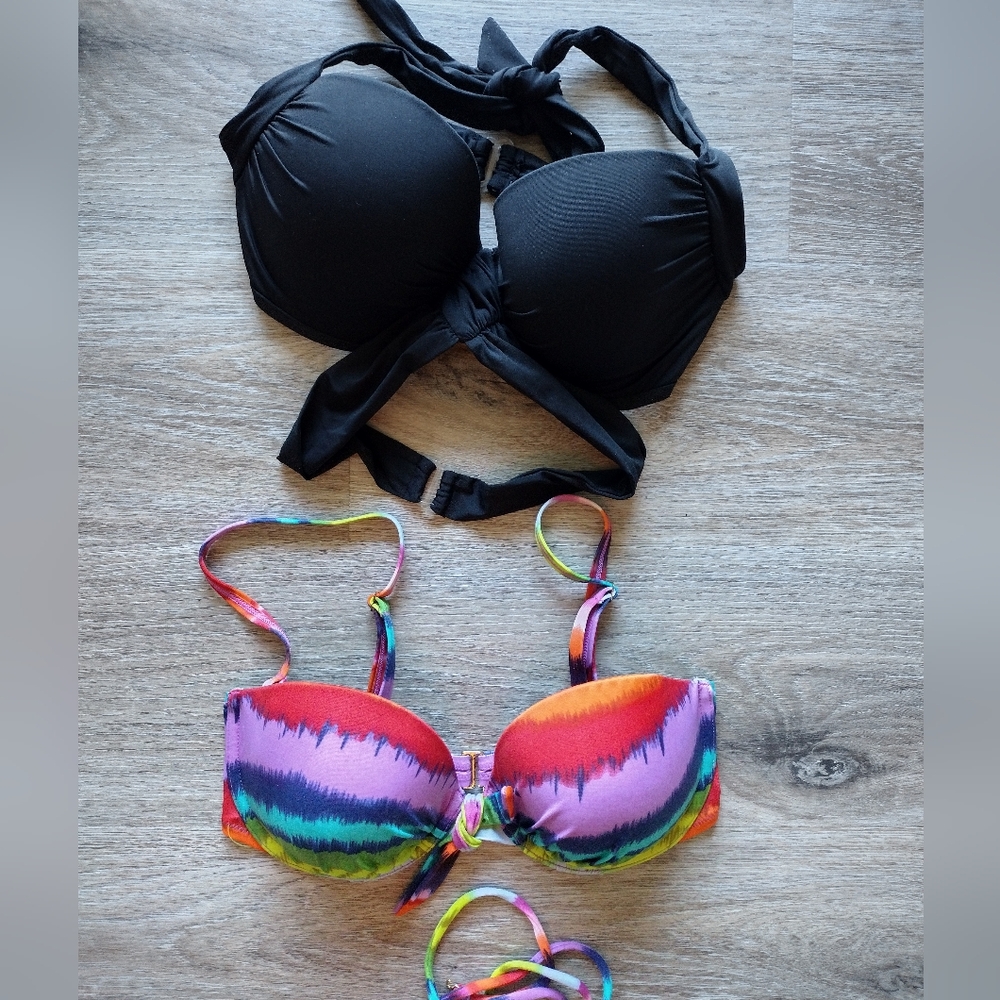 Victoria Secret Colorful and Black Bikini Tops Size 34D Both
